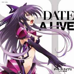 Rule 34 | 10s, 1girl, :o, alternate costume, angry, black gloves, bow, breasts, center opening, cleavage, cowboy shot, dark persona, date a live, elbow gloves, from side, gloves, glowing, glowing eyes, hair ornament, hair ribbon, highres, long hair, medium breasts, midriff, multicolored eyes, navel, official art, open mouth, outstretched arm, profile, purple eyes, purple hair, ribbon, shoulder pads, solo, spoilers, stomach, very long hair, yatogami tooka, yatogami tooka (true form)
