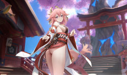 Rule 34 | 1girl, absurdres, animal ears, ass, bare shoulders, blue sky, breasts, commentary request, day, detached sleeves, earrings, fox ears, genshin impact, hair between eyes, hair ornament, highres, japanese clothes, jewelry, long hair, long sleeves, looking at viewer, looking back, medium breasts, miko, nail polish, obi, outdoors, parted lips, pink hair, pink nails, red sash, sash, sideboob, sky, smile, solo, stairs, standing, torii, tree, very long hair, wide sleeves, yae miko, yizhirenben