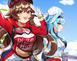 Rule 34 | 2girls, :d, amber (genshin impact), amber (pizza hut) (genshin impact), arm up, blue hair, blue hairband, blue sky, brown hair, clothes writing, cloud, commentary request, day, eula (genshin impact), eula (pizza hut) (genshin impact), genshin impact, gloves, goggles, goggles around neck, hair between eyes, hairband, hand up, highres, hood, hoodie, long hair, looking at viewer, medium hair, multiple girls, open mouth, outdoors, parted lips, pizza hut, red hoodie, shirt, sky, smile, upper body, very long hair, white gloves, white headwear, white shirt, yellow eyes, zhaozhaobai