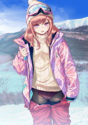 Rule 34 | 1girl, 40hara, baggy clothes, beanie, beige sweater, black pantyhose, blue sky, blush, breasts, clothes pull, day, goggles, goggles on head, hat, highres, jacket, long hair, long sleeves, looking at viewer, mountain, open clothes, open fly, open jacket, open mouth, orange hair, original, outdoors, panties, panties under pantyhose, pants, pants pull, pantyhose, pantyhose under trousers, pink jacket, pink panties, pink pants, purple eyes, ribbed sweater, sidelocks, sky, snow, solo, sweater, turtleneck, turtleneck sweater, underwear
