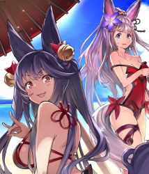 Rule 34 | 10s, 2girls, :d, animal ears, bare shoulders, beach, bell, bikini, blue eyes, blue hair, blue sky, breasts, casual one-piece swimsuit, covered navel, day, erune, fang, flower, fox shadow puppet, granblue fantasy, hair bell, hair flower, hair ornament, horizon, jpeg artifacts, large breasts, leg ribbon, long hair, looking at viewer, medium breasts, multiple girls, oil-paper umbrella, one-piece swimsuit, open mouth, outdoors, red eyes, red one-piece swimsuit, ribbon, sideboob, sky, smile, societte (granblue fantasy), super zombie, sweatdrop, swimsuit, tail, thigh ribbon, umbrella, yuel (granblue fantasy)