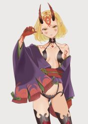 Rule 34 | 1girl, alternate hair length, alternate hairstyle, blonde hair, breasts, commentary request, cosplay, earrings, facial mark, fate/grand order, fate (series), fingernails, forehead mark, highres, horns, ibaraki douji (fate), japanese clothes, jewelry, kimono, looking at viewer, mame cs5, oni, open clothes, open kimono, parted lips, pointy ears, purple kimono, revealing clothes, sharp fingernails, short hair, shuten douji (fate), shuten douji (fate) (cosplay), single bare shoulder, small breasts, solo, yellow eyes