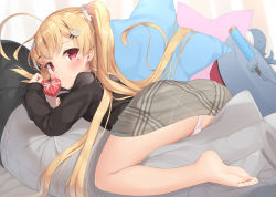 Rule 34 | 1girl, ahoge, ass, azur lane, bare legs, barefoot, bird hair ornament, black jacket, blonde hair, blush, box, closed mouth, commentary request, diagonal stripes, eldridge (azur lane), eldridge (the inquisitive recluse) (azur lane), facial mark, fujieda uzuki, full body, gift, gift box, grey skirt, hair ornament, hairclip, heart-shaped box, holding, holding gift, jacket, long hair, long sleeves, lying, on stomach, panties, pillow, plaid, plaid skirt, red eyes, skirt, sleeves past wrists, soles, solo, star-shaped pillow, striped, twintails, underwear, valentine, very long hair, white panties