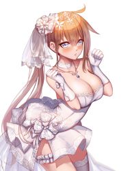 Rule 34 | 1girl, absurdres, bad id, bad pixiv id, bare shoulders, blue eyes, blush, breasts, brown hair, cleavage, clenched hands, fal (girls&#039; frontline), girls&#039; frontline, gloves, highres, jewelry, kibellin, large breasts, long hair, looking at viewer, necklace, parted lips, ponytail, simple background, single thighhigh, solo, thigh strap, thighhighs, tiara, very long hair, white background, white gloves, white thighhighs