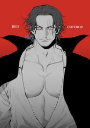 Rule 34 | 1boy, black cape, cape, collared cape, english text, glowing, glowing eyes, greyscale with colored background, highres, looking at viewer, male focus, momoh jiyucho, one piece, open clothes, open shirt, red background, red eyes, scar, scar across eye, shanks (one piece), shirt, short hair, simple background, solo, upper body, watermark, white shirt