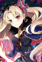 Rule 34 | 1girl, bad id, bad pixiv id, blonde hair, blush, cape, closed mouth, commentary request, earrings, ereshkigal (fate), fate/grand order, fate (series), fire, fur-trimmed cape, fur-trimmed collar, fur trim, hair ribbon, highres, jewelry, long hair, looking at viewer, night, night sky, parted bangs, red cape, red eyes, red ribbon, ribbon, skull, sky, smile, solo, tiara, tohsaka rin, tomozero, twintails, upper body