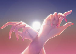 Rule 34 | 1girl, absurdres, arms up, blurry, blurry background, close-up, commentary request, fingernails, hand focus, highres, huge filesize, nail polish, nekobell, original, out of frame, pink nails, solo, sun