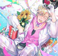 Rule 34 | 1boy, battle tendency, blonde hair, bottle, bow, bowtie, caesar anthonio zeppeli, colored eyelashes, facial mark, feather hair ornament, feathers, flower, gift, gloves, green eyes, hair ornament, half gloves, hat, hat flower, headband, highres, holding, holding clothes, holding hat, jojo no kimyou na bouken, male focus, one eye closed, pants, solo, string of flags, striped clothes, striped pants, sunflower, top hat, white gloves, wine bottle, xing xiao