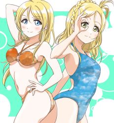 Rule 34 | 10s, 2girls, arm behind back, arm behind head, asymmetrical hair, ayase eli, back-to-back, bikini, blonde hair, blue eyes, blue skirt, braid, competition swimsuit, cowboy shot, crown braid, from side, green eyes, hair rings, hand on own hip, in-franchise crossover, long hair, looking at viewer, love live!, love live! school idol festival, love live! school idol project, love live! sunshine!!, multiple girls, o-ring, o-ring bikini, ohara mari, ok sign, ok sign over eye, one-piece swimsuit, orange bikini, parted bangs, short hair, skirt, smile, swimsuit, tareme, tetopetesone, yellow eyes
