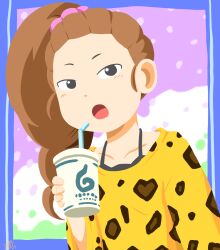 Rule 34 | 1girl, animal print, black eyes, black tank top, blue border, blush, border, bright pupils, collarbone, cup, curly hair, disposable cup, drinking straw, fingernails, fujimoto mai, gouguru, hair ornament, hair scrunchie, holding, holding cup, leopard print, long hair, open mouth, pink scrunchie, scrunchie, signature, solo, tank top, white pupils, youkai watch