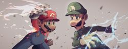 Rule 34 | 2boys, blue eyes, blue overalls, brothers, brown hair, energy, facial hair, fire, gloves, green headwear, green shirt, grey background, highres, hiyashimeso, lightning, long sleeves, looking at another, luigi, male focus, mario, mario &amp; luigi: superstar saga, mario &amp; luigi rpg, mario (series), multiple boys, mustache, nintendo, open mouth, overalls, red headwear, red shirt, shirt, short hair, siblings, simple background, sweat, teeth, white gloves