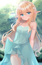 Rule 34 | 1girl, blonde hair, blue dress, blue eyes, blush, bow, braid, breasts, brooch, clothes lift, commentary request, commission, dress, dress lift, elf, english text, flower, hair between eyes, hair flower, hair ornament, highres, indie virtual youtuber, jewelry, lifted by self, long hair, looking at viewer, nature, outdoors, pointy ears, pout, sese nagi, skeb commission, skirt hold, small breasts, smile, soara (vtuber), solo, sunlight, very long hair, virtual youtuber, wet, wet clothes