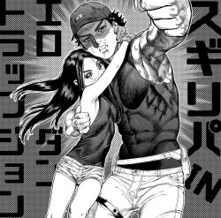 Rule 34 | 1boy, 1girl, asirpa, breasts, clenched hand, commentary request, contemporary, covered abs, cross scar, facial scar, frown, golden kamuy, greyscale, kimidake, monochrome, scar, scar on cheek, scar on face, scar on nose, short shorts, shorts, size difference, small breasts, small hips, sugimoto saichi, translation request, v-shaped eyebrows, veins, veiny arms