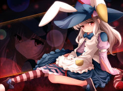 Rule 34 | 1girl, animal ears, bow, dress, frown, hat, irisu kyouko, irisu shoukougun!, rabbit ears, red eyes, single thighhigh, sitting, socks, solo, striped clothes, striped socks, sui. (ayase), thighhighs, white hair, witch hat, zoom layer