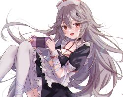 Rule 34 | 1girl, absurdres, apron, bandaged arm, bandages, black choker, black dress, chest harness, choker, commission, dress, grey hair, handheld game console, harness, hat, heart o-ring, highres, holding, holding handheld game console, indie virtual youtuber, knees up, long hair, looking at viewer, minagoro-chan, nurse cap, o-ring, o-ring choker, o-ring harness, open mouth, pink nails, puffy short sleeves, puffy sleeves, red eyes, shinzousan, short sleeves, sidelocks, simple background, skeb commission, smile, solo, sparkle hair ornament, thighhighs, very long hair, virtual youtuber, white apron, white background, white thighhighs, wrist cuffs