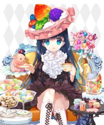 Rule 34 | 1girl, black hair, blue eyes, boots, bowl, candy, chair, checkerboard cookie, cookie, cross-laced footwear, cup, dress, food, food-themed clothes, hat, jar, juliet sleeves, knee boots, lace-up boots, long hair, long sleeves, mintchoco (orange shabette), moriah saga, official art, pig, plate, puffy sleeves, ribbon, sitting, skirt, solo, table, teacup, top hat, white legwear