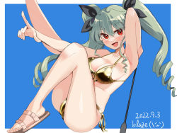 Rule 34 | 1girl, :d, alternate costume, anchovy (girls und panzer), artist name, ass, bikini, black ribbon, blaze (blazeillust), blue background, breasts, cleavage, dated, drill hair, girls und panzer, gold bikini, green hair, hair ribbon, highres, leg up, long hair, looking at viewer, open mouth, pointing, red eyes, ribbon, riding crop, sandals, simple background, smile, solo, twin drills, twintails