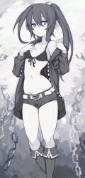 Rule 34 | 1girl, belt, bikini, bikini top only, bikini under clothes, black rock shooter, black rock shooter (character), blue eyes, boots, closed mouth, coat, front-tie top, glowing, glowing eyes, hair between eyes, highres, knee boots, kook, looking at viewer, monochrome, navel, open clothes, open coat, short shorts, shorts, solo, spot color, standing, swimsuit, twintails, undressing, uneven twintails