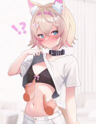 Rule 34 | !?, 1girl, 1other, animal ears, bandaid, bandaid hair ornament, black collar, blonde hair, blue eyes, blurry, blurry background, blush, breasts, closed mouth, clothes lift, collar, cropped shirt, disembodied hand, dog ears, dog girl, dog tail, hair ornament, hands on another&#039;s stomach, highres, hololive, hololive english, horn hairband, lifted by self, looking at viewer, midriff, mococo abyssgard, mococo abyssgard (1st costume), multicolored hair, navel, nose blush, pink hair, shirt, shirt hold, shirt lift, short sleeves, simple background, sk jynx, small breasts, streaked hair, tail, underwear, upper body, virtual youtuber, white background, white shirt, x hair ornament