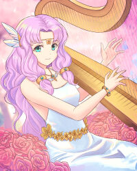 Rule 34 | 1girl, absurdres, aqua eyes, bare arms, bare shoulders, blue dress, bracelet, breasts, commentary, dress, feather hair ornament, feathers, fire emblem, fire emblem: the blazing blade, florina (fire emblem), flower, hair ornament, harp, highres, instrument, jewelry, long hair, looking at viewer, nintendo, pendant, pink flower, pink hair, pink rose, rose, small breasts, smile, solo, truejekart, very long hair