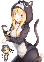 Rule 34 | 1girl, animal costume, animal ears, animal hood, blonde hair, blue eyes, blush, cat costume, cat ears, cat hood, cat pajamas, cat tail, chibi, chibi inset, commentary request, fang, gabriel dropout, gabriel tenma white, hair between eyes, highres, hood, hood up, kneeling, long hair, long sleeves, multiple views, open mouth, pajamas, paw pose, shiero., simple background, standing, tail, tail raised, v-shaped eyebrows, white background