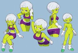 Rule 34 | 1girl, ass, breasts, butt crack, cheelai, cleavage, colored nipples, colored skin, commentary, dragon ball, dragon ball super, dragon ball super broly, english commentary, gloves, green nipples, green skin, grin, highres, looking at viewer, multiple views, nipples, nude, open mouth, purple eyes, purple shorts, purple sports bra, short hair, shorts, simple background, small breasts, smile, smug, sports bra, stealth brock, white gloves, white hair