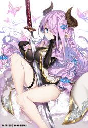 Rule 34 | 1girl, barefoot, between breasts, black gloves, blue eyes, blush, braid, breasts, bug, butterfly, draph, elbow gloves, fingerless gloves, gloves, granblue fantasy, hair ornament, hair over one eye, hand on own cheek, hand on own face, hong (white spider), horns, bug, katana, large breasts, light purple hair, long hair, looking at viewer, narmaya (granblue fantasy), pointy ears, simple background, single braid, single fingerless glove, sitting, solo, sword, thigh strap, weapon, white background