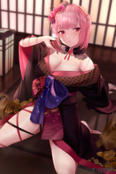 Rule 34 | 1girl, bad id, bad twitter id, bare shoulders, black kimono, black nails, blush, breasts, commentary, cup, detached collar, english commentary, flower, hair flower, hair ornament, holding, holding cup, hololive, hololive english, japanese clothes, kimono, kneeling, large breasts, leaning back, looking at viewer, mori calliope, mori calliope (new year), mujinbensin, nail polish, obi, off shoulder, official alternate costume, on floor, parted lips, pink hair, raised eyebrows, red eyes, sakazuki, sash, short hair, solo, thighs, virtual youtuber