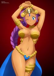 Rule 34 | 1girl, arabian clothes, armlet, armpits, arms up, bare arms, bare legs, bare shoulders, belly dancer, blue eyes, blush, braid, braided ponytail, breasts, cleavage, closed mouth, collarbone, dancer shantae, dark-skinned female, dark skin, earrings, female focus, gradient background, hair ornament, harem outfit, highres, jewelry, large breasts, long hair, looking at viewer, navel, neck, neck ring, one eye closed, pointy ears, purple hair, red background, revealing clothes, shantae, shantae (series), smile, snake, snake hair ornament, solo, standing, strapless, thick thighs, thighlet, thighs, very long hair, wink, zel-sama