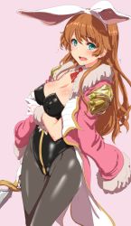 Rule 34 | 10s, 1girl, animal ears, black pantyhose, blue eyes, blush, braid, breast hold, breasts, brown hair, clearite, cleavage, coat, covered erect nipples, detached collar, embarrassed, fake animal ears, gloves, granblue fantasy, jacket, jacket on shoulders, lecia (granblue fantasy), leotard, long hair, looking at viewer, open mouth, pantyhose, playboy bunny, rabbit ears, simple background, solo, sword, weapon, white gloves