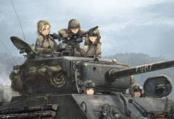 Rule 34 | 5girls, animification, browning m1919, commentary request, duplicate, english text, fury (movie), gloves, goggles, goggles on headwear, gun, hatch, helmet, jacket, kws, m4 sherman, machine gun, military, military uniform, military vehicle, motor vehicle, multiple girls, soldier, tank, tank helmet, uniform, weapon, world war ii