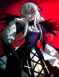 Rule 34 | 1girl, black headwear, blue dress, bonnet, cowboy shot, crossed bangs, dress, evil smile, grey hair, half-closed eyes, hand up, layered sleeves, long hair, long sleeves, looking at viewer, neck ribbon, parted lips, red background, red eyes, ribbon, rozen maiden, sketch, smile, solo, standing, suigintou, turtleneck, turtleneck dress, wuliu heihuo