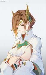 Rule 34 | 1girl, alexandria (xenoblade), areola slip, artist name, bad id, bad twitter id, breasts, brown hair, character name, closed mouth, dress, green eyes, highres, large breasts, linzi, long sleeves, nipple slip, nipples, ornament, pulling own clothes, short hair, simple background, solo, white background, white dress, wide sleeves, xenoblade chronicles (series), xenoblade chronicles 3