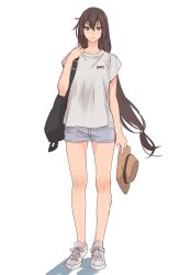 Rule 34 | 1girl, alternate costume, bag, black hair, blush, brown hat, casual, closed mouth, clothes writing, full body, grey shorts, hair between eyes, hat, highres, holding, holding clothes, holding hat, kantai collection, kasumi (skchkko), light smile, long hair, looking at viewer, nagato (kancolle), red eyes, shirt, shoes, short sleeves, shorts, simple background, solo, standing, straight-on, unworn hat, unworn headwear, white background, white footwear, white shirt