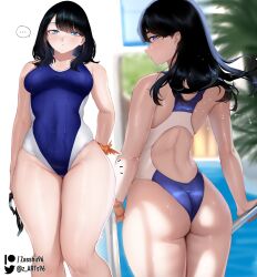 Rule 34 | ..., 1girl, arm behind back, ass, back cutout, black hair, blue one-piece swimsuit, blurry, blurry background, breasts, closed mouth, clothing cutout, commentary, competition swimsuit, covered navel, cowboy shot, day, english commentary, floating hair, from behind, gridman universe, groin, highleg, highleg swimsuit, highres, legs together, long hair, looking at viewer, looking back, medium breasts, multiple views, one-piece swimsuit, orange scrunchie, outdoors, paid reward available, parted lips, patreon logo, patreon username, pool, pool ladder, profile, scrunchie, solo, ssss.gridman, swimsuit, takarada rikka, thighs, tree, twitter logo, twitter username, two-tone swimsuit, unworn eyewear, water, wet, white one-piece swimsuit, wrist scrunchie, zasshu
