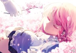 Rule 34 | 1girl, 1other, branch, breasts, cherry blossoms, closed eyes, closed mouth, colored eyelashes, commentary request, crying, gloves, highres, holding, holding branch, kemo chiharu, large breasts, lying, multiple girls, on back, pink hair, saigyouji yuyuko, short hair, signature, solo focus, touhou, white gloves