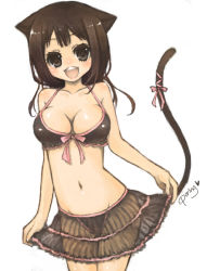 Rule 34 | 1girl, animal ears, bad id, bad pixiv id, bikini, black bikini, blush, breasts, brown eyes, brown hair, cat ears, cat tail, cleavage, collarbone, front-tie top, miyamae porin, navel, open mouth, original, ribbon, see-through, short hair, signature, simple background, skirt, smile, solo, swimsuit, tail, tail ornament, tail ribbon