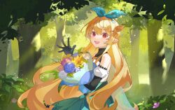 Rule 34 | 1girl, bare shoulders, blonde hair, blush, bouquet, bow, dappled sunlight, detached sleeves, fairy, fairy wings, floating hair, flower, forest, hair between eyes, hair bow, hair ornament, hairclip, holding, holding bouquet, long hair, looking at viewer, nature, nijisanji, nijisanji en, open mouth, pointy ears, pomu rainpuff, red eyes, smile, solo, sunlight, tangyunche, tree, very long hair, virtual youtuber, waving, wings