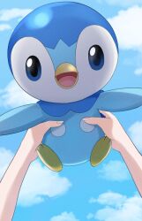 Rule 34 | 1girl, :d, absurdres, blue eyes, cloud, creatures (company), day, game freak, gen 4 pokemon, happy, highres, holding, holding pokemon, looking at viewer, nintendo, open mouth, outdoors, piplup, pokemon, pokemon (creature), pov, pton uca09, sky, smile, tongue