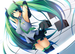 Rule 34 | 1girl, aqua eyes, armpits, arms up, bad id, bad pixiv id, breasts, covered erect nipples, detached sleeves, green hair, hatsune miku, large breasts, long hair, necktie, panties, pantyshot, skirt, solo, stanaka, striped clothes, striped panties, thighhighs, twintails, underwear, upskirt, very long hair, vocaloid