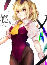 Rule 34 | 1girl, animal ears, ascot, bad id, bad pixiv id, black pantyhose, blonde hair, daimaou ruaeru, flandre scarlet, flying sweatdrops, highres, leotard, looking at viewer, pantyhose, playboy bunny, puffy short sleeves, puffy sleeves, rabbit ears, rabbit tail, red eyes, short sleeves, side ponytail, solo, tail, touhou, wings, wrist cuffs