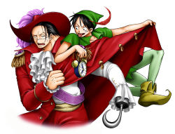 Rule 34 | 2boys, alternate costume, amputee, ascot, black hair, captain hook, captain hook (cosplay), clock, cosplay, crocodile (one piece), disney, epaulettes, eye contact, green shirt, hat, hat feather, hook hand, jacket, looking at another, male focus, monkey d. luffy, multiple boys, one piece, peter pan, peter pan (cosplay), peter pan (disney), red headwear, red jacket, scar, shirt, short sleeves, simple background, tongue, tongue out, tunic, white background