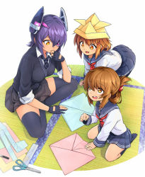 Rule 34 | 10s, 3girls, black legwear, brown eyes, brown hair, checkered clothes, checkered necktie, checkered neckwear, eyepatch, fang, folded ponytail, folding, gloves, hair ornament, hairclip, hand to own mouth, headgear, ikazuchi (kancolle), inazuma (kancolle), kantai collection, kodomo no hi, magenta (atyana), multiple girls, necktie, open mouth, origami, pantyhose, paper hat, paper kabuto, partially fingerless gloves, pleated skirt, purple hair, ruler, school uniform, scissors, serafuku, sitting, skirt, tatami, tenryuu (kancolle), thighhighs, yellow eyes