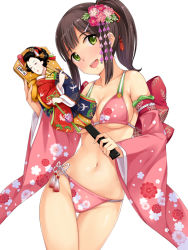 Rule 34 | 1girl, :d, adapted costume, bikini, blush, breasts, brown hair, detached sleeves, flower, green eyes, hair flower, hair ornament, hair ribbon, hairclip, hisho collection, japanese clothes, long hair, looking at viewer, navel, open mouth, pink bikini, ponytail, ribbon, side-tie bikini bottom, simple background, smile, solo, swimsuit, tsumami kanzashi, wide sleeves, yokaze japan