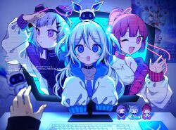 Rule 34 | 3girls, :3, :d, ;d, black choker, blue eyes, blue hair, breasts, character doll, choker, closed mouth, commentary request, dark room, denonbu, glitch, goggles, goggles on head, hair between eyes, hand up, highres, indoors, jacket, kanou hikari, keyboard (computer), long hair, long sleeves, looking at viewer, looking to the side, medium breasts, monitor, multicolored hair, multiple girls, neneruneru, one eye closed, open hand, open mouth, pink eyes, pink hair, poster (object), pov, pov hands, purple eyes, purple hair, sai (psy 0), short hair, sleeves past fingers, sleeves past wrists, smile, streaked hair, sweatdrop, through medium, through screen, translation request, turtleneck, upper body, waving, white hair, white jacket, yanami rain