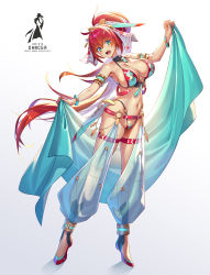 Rule 34 | 1girl, :d, armlet, bare shoulders, bikini, breasts, cleavage, commentary, dancer, flats, flower, full body, green bikini, green eyes, hair between eyes, hair ribbon, harem pants, headgear, highleg, highleg bikini, highres, holding shawl, large breasts, long hair, looking at viewer, mecha musume, navel, open mouth, original, pants, ponytail, red bikini, red hair, ribbon, rose, shadow, shawl, sidelocks, simple background, skindentation, smile, solo, standing, stomach, swimsuit, takamine nadare, thigh strap, tiptoes, two-tone bikini, white background, white flower, white rose, wristband