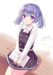 Rule 34 | 1girl, blue hair, collared shirt, dress, hair ribbon, highres, hizaka, kantai collection, long sleeves, one-hour drawing challenge, ooshio (kancolle), open mouth, pinafore dress, purple eyes, ribbon, school uniform, shirt, short hair, short twintails, sleeveless dress, solo, suspenders, twintails, white ribbon, white shirt