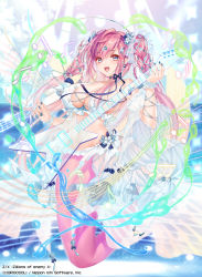 Rule 34 | 1girl, bikini, bikini top only, blue eyes, braid, breasts, choker, cleavage, fang, frederica (z/x), guitar, highres, holding, holding instrument, instrument, large breasts, looking at viewer, mermaid, monster girl, obiwan, open mouth, pink hair, plectrum, solo, swimsuit, twin braids, twintails, z/x