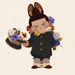 Rule 34 | 1boy, animal ears, blue flower, brown background, brown footwear, brown hair, bug, butterfly, chengongzi123, closed mouth, coat, commentary, deformed, facial hair, flower, full body, goatee stubble, golden kamuy, green eyes, hat, head tilt, highres, holding, holding clothes, holding hat, hood, hooded coat, insect, kemonomimi mode, long sleeves, looking at viewer, male focus, military hat, rabbit boy, rabbit ears, shoes, short hair, simple background, standing, stubble, symbol-only commentary, tsukishima hajime, unworn headwear, very short hair, white flower, yellow flower