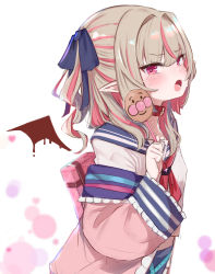 Rule 34 | 1girl, absurdres, belt collar, blue ribbon, blue sailor collar, blush, collar, copyright request, from side, grey hair, hair ribbon, highres, holding, jacket, looking at viewer, looking to the side, makaino ririmu, multicolored hair, neckerchief, nijisanji, open mouth, pink eyes, pink jacket, red neckerchief, ribbon, sailor collar, shirt, solo, streaked hair, twintails, utsusumi kio, virtual youtuber, white background, white shirt, wings